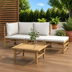 4 Piece Bamboo Garden Lounge Set Outdoor Furniture with Light Grey Cushions