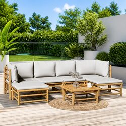 Bamboo Garden Lounge Set 7 Piece Outdoor Furniture with Light Grey Cushions
