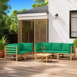 6 Piece Bamboo Garden Lounge Set Outdoor Furniture with Green Cushions Brown