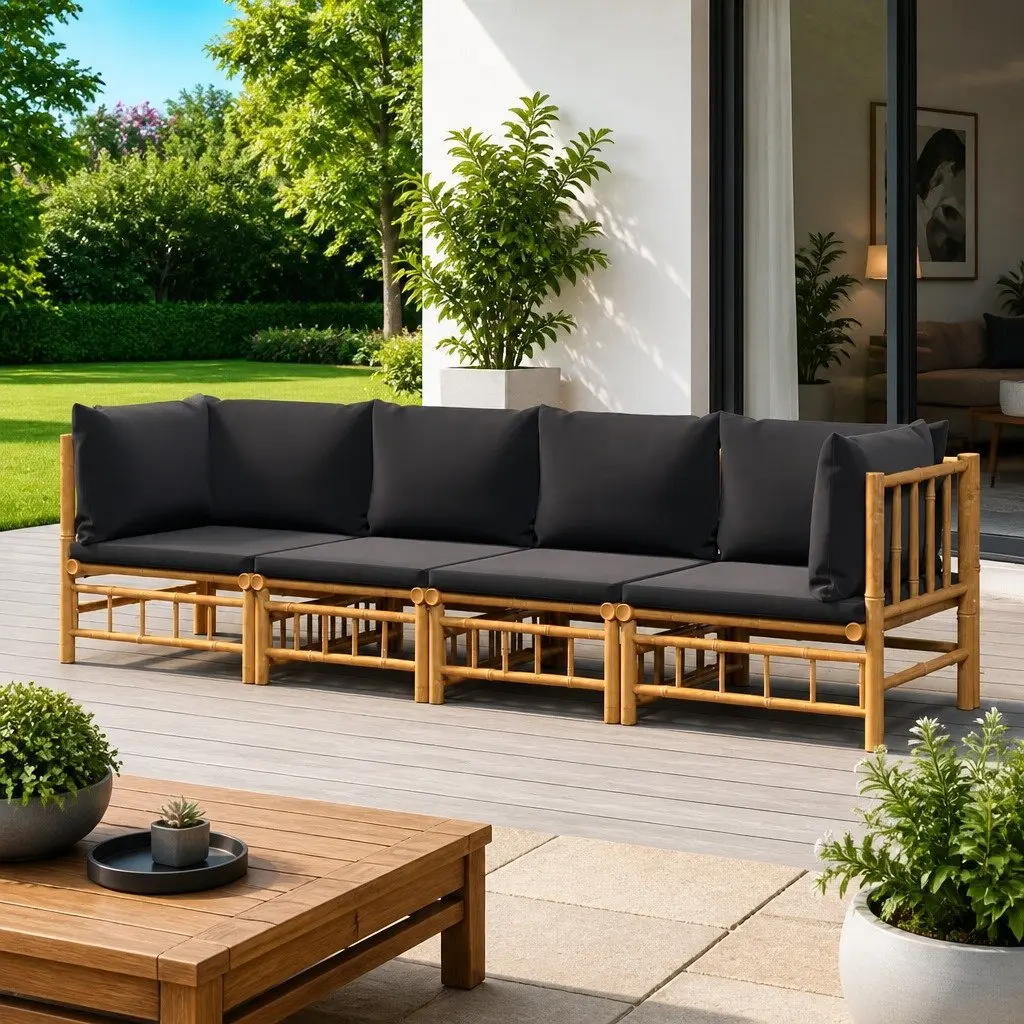 Bamboo Garden Lounge Set 4 Piece Modular Outdoor Furniture with Cushions Brown