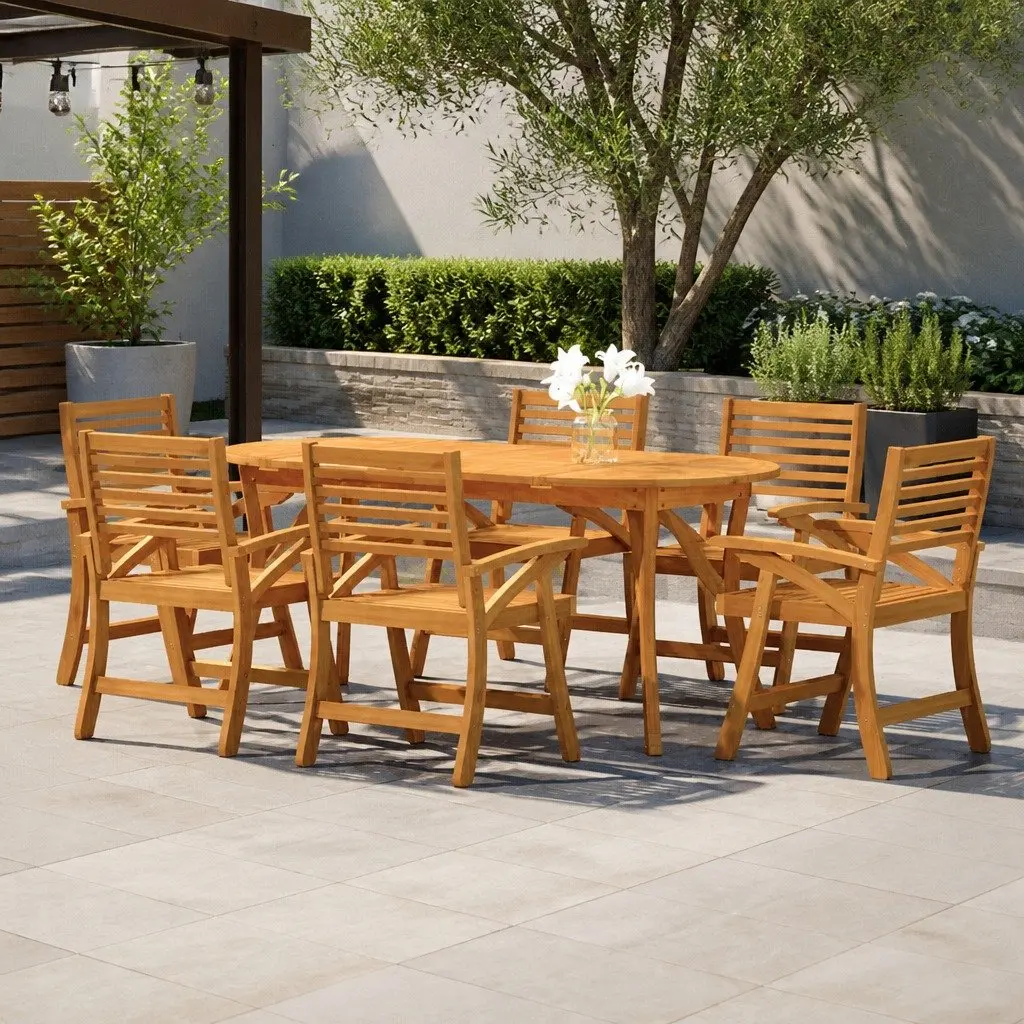 7 Piece Outdoor Dining Set Acacia Wood Brown Sturdy Construction