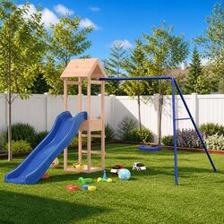 Versatile Wooden Playset with Slide, Swing, and Sandpit