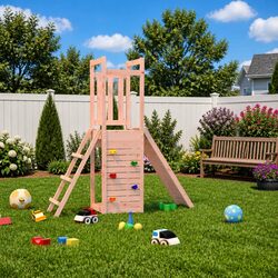 Wooden Playset for Backyard Fun with Climbing and Sandbox