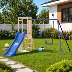 Wooden Backyard Playset with Slide and Climbing Frame