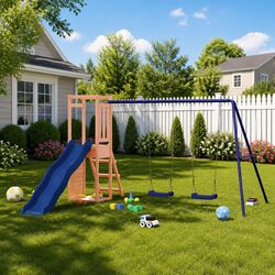 Outdoor Wooden Playset with Climbing Features and Slide