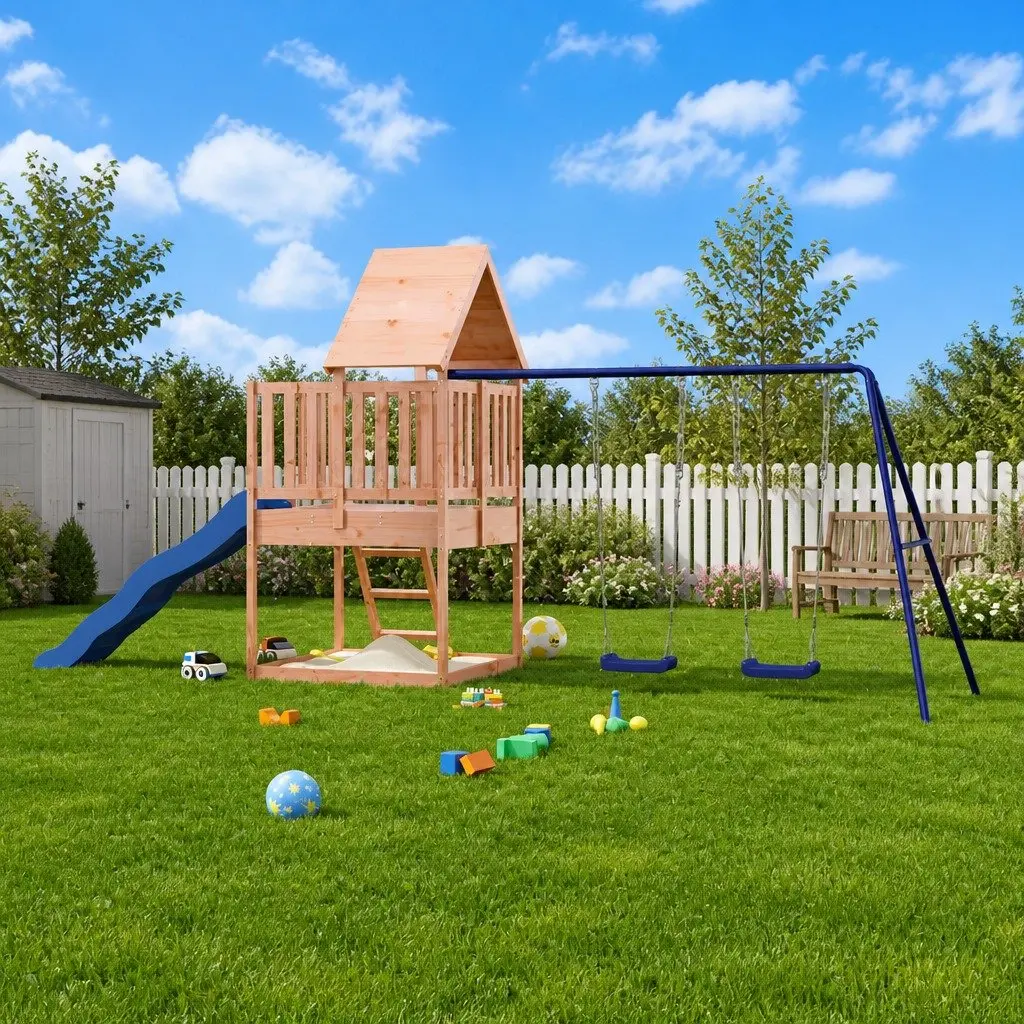 Outdoor Playset Solid Wood Climbing Frame with Wave Slide Double Swing and Sandpit
