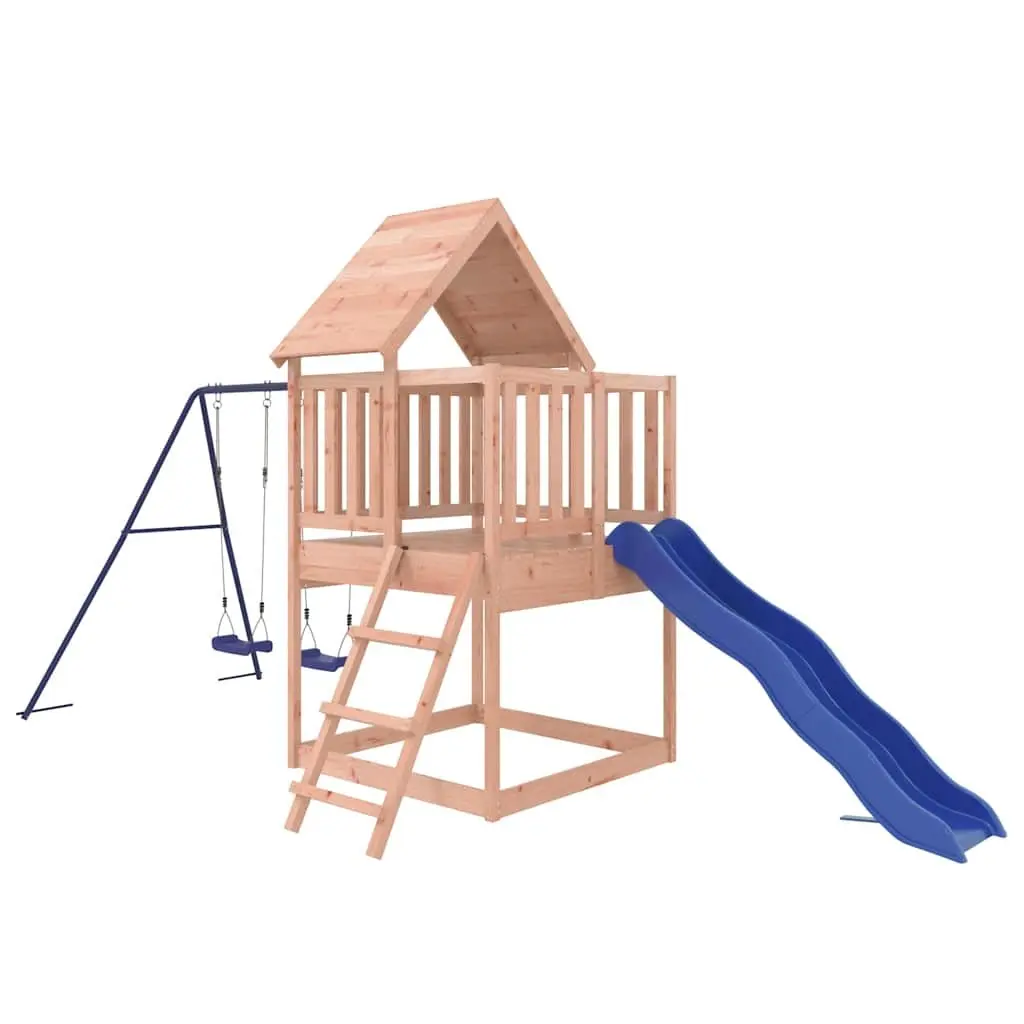 Outdoor Playset Solid Wood Climbing Frame with Wave Slide Double Swing and Sandpit