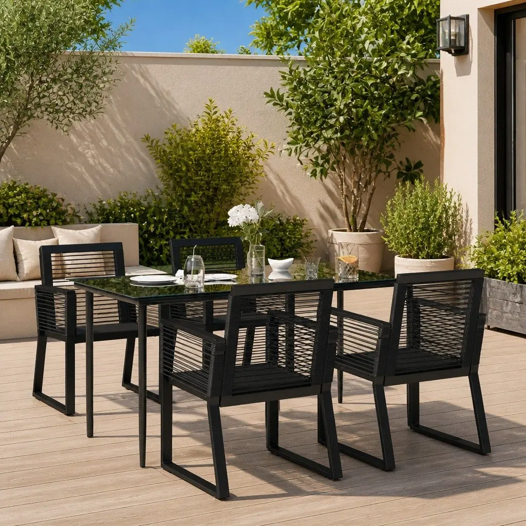 Outdoor Garden Dining Set 5 Piece Black Rattan Chairs Table Weather Resistant