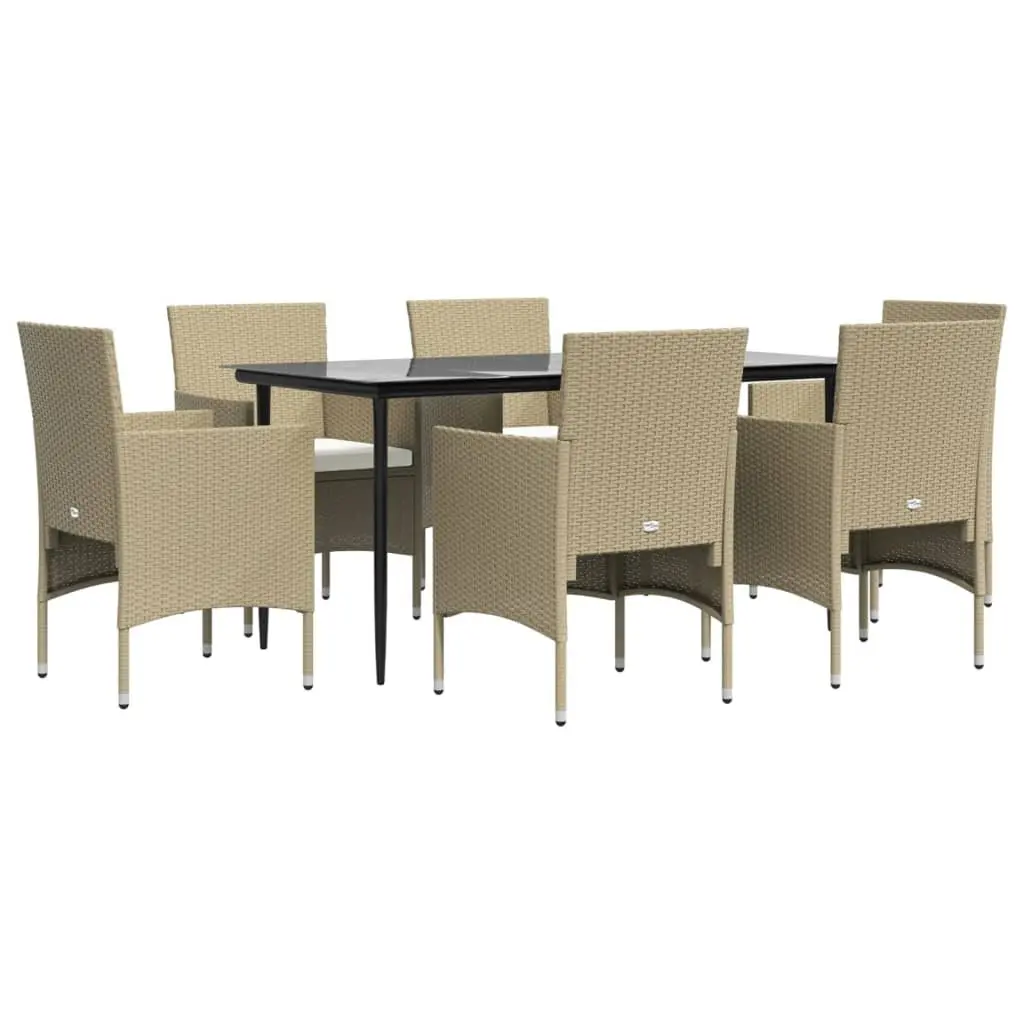 7 Piece Outdoor Dining Set Beige Weather-Resistant PE Rattan Table and Chairs with Cushions