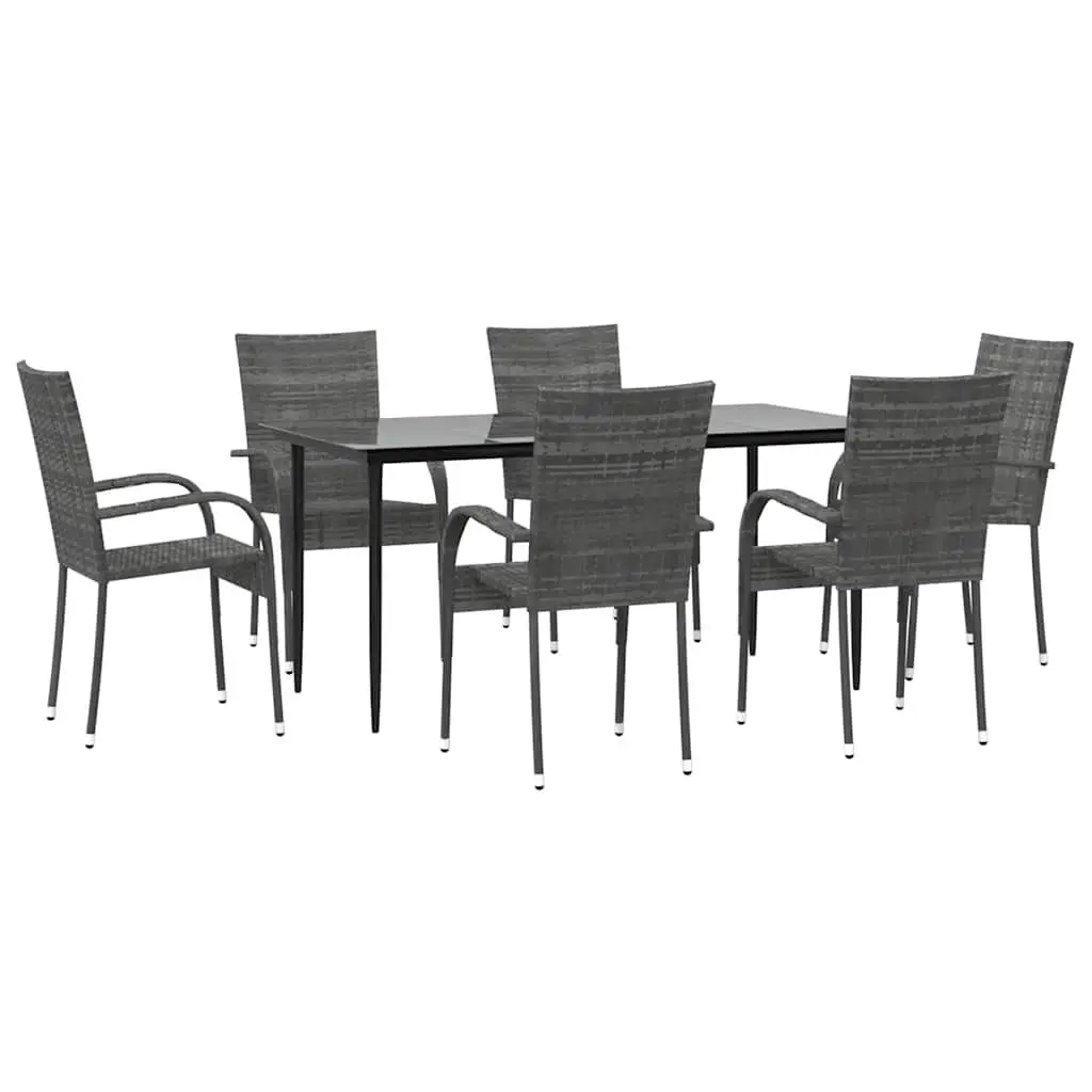 7 Piece Garden Dining Set Grey Poly Rattan Outdoor Furniture with Tempered Glass Tabletop and Powder-Coated Steel Frame