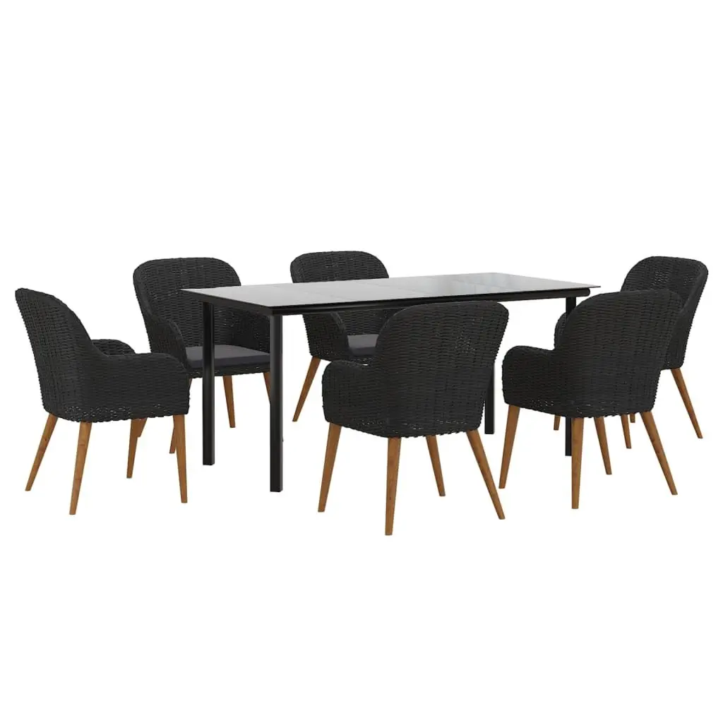 Garden Dining Set 7 Piece Black Acacia Wood and Steel Frame with Tempered Glass Table and Cushioned Chairs