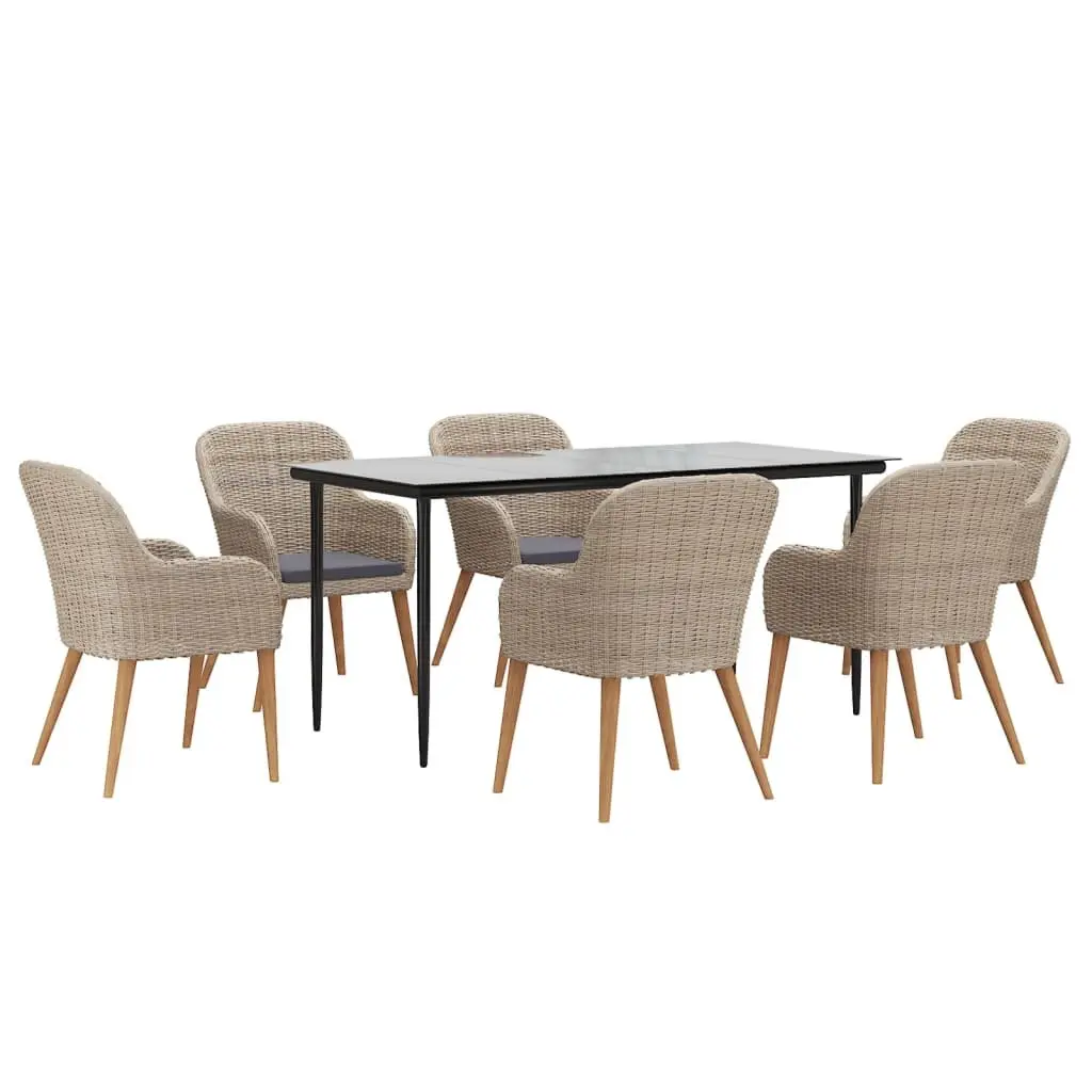 Acacia Wood Outdoor Dining Set 7 Piece Cushioned Chairs Tempered Glass Table