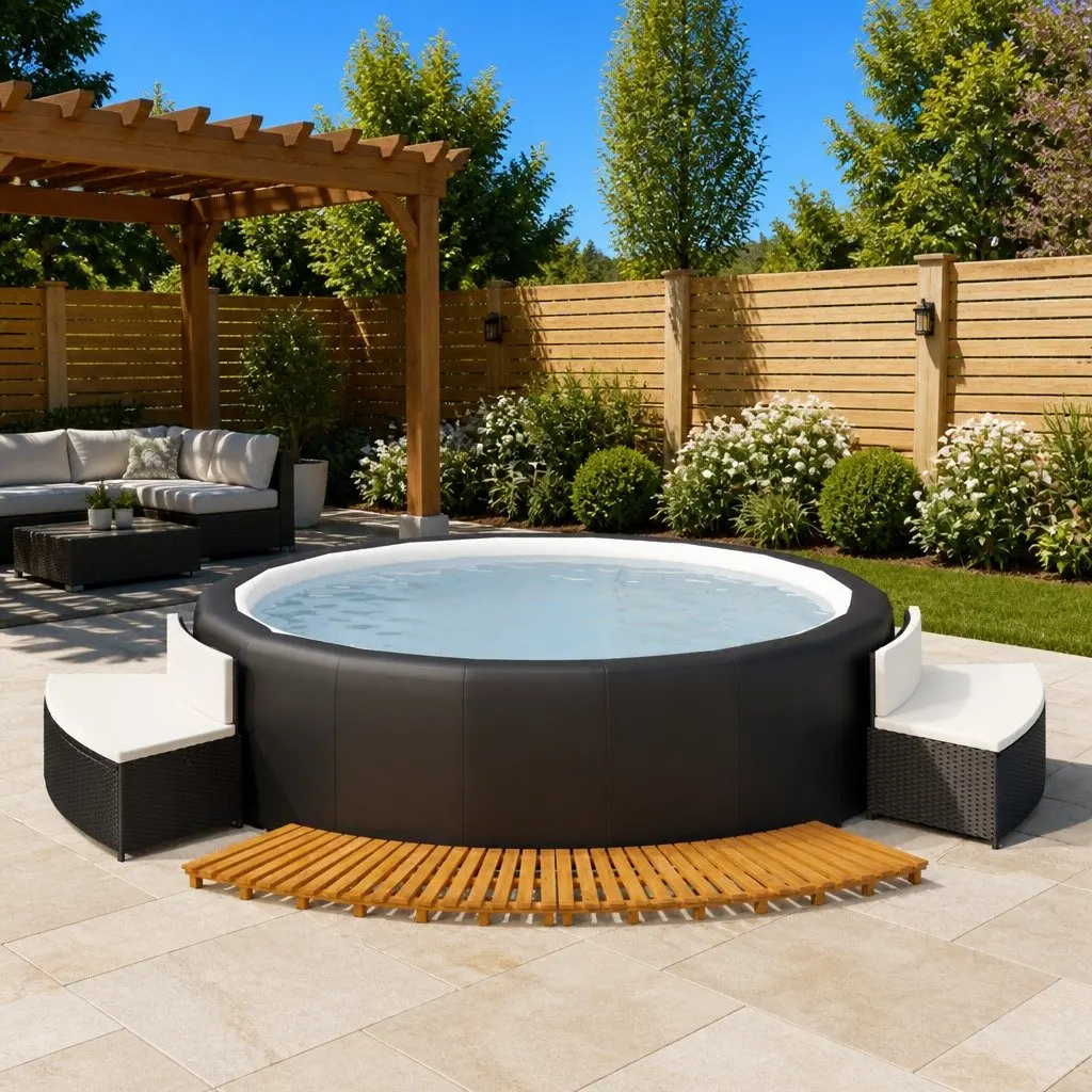 Hot Tub Surround Outdoor Rattan Wood Spa Accessories with 2 Benches and Cushions Black