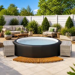 Hot Tub Surround Grey Poly Rattan Acacia Wood Spa Enclosure Storage Shelf