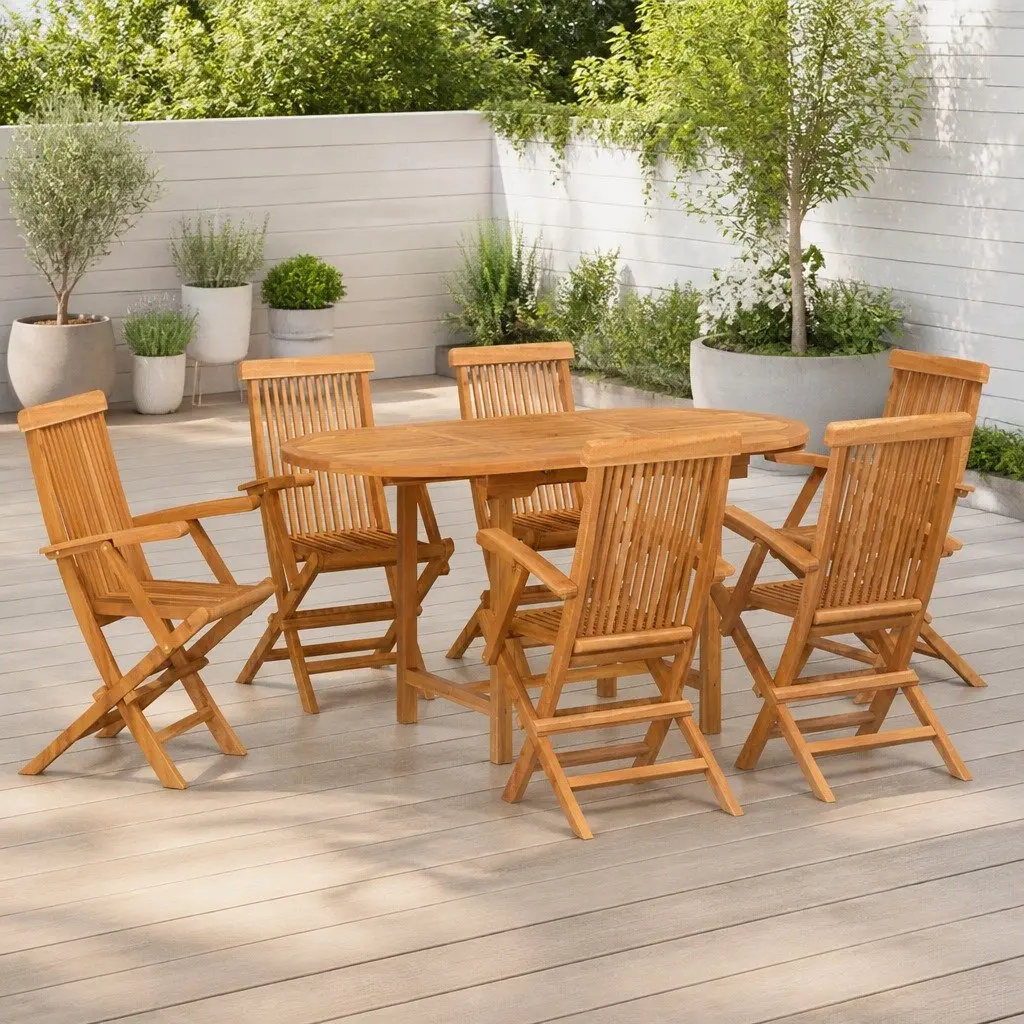 Garden Dining Set 7 Pieces Brown Teak Wood Outdoor Table Chairs Patio Furniture