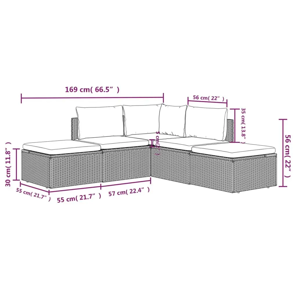 Garden Lounge Set 5 Piece Grey Poly Rattan Outdoor Furniture with Cushions and Storage