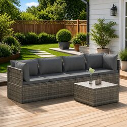 5 Piece Garden Lounge Set Grey Poly Rattan Outdoor Furniture with Cushions