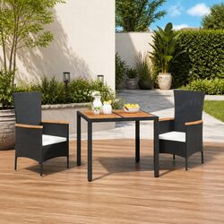 Outdoor Garden Dining Set 3 Piece Black Poly Rattan Table Chairs with Cushions