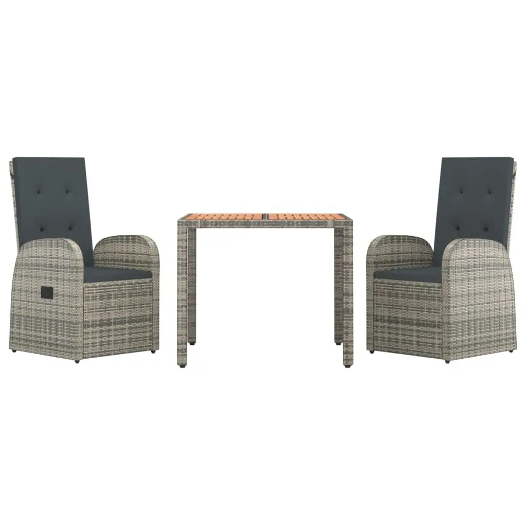 Outdoor Dining Set 3 Piece Grey Rattan Chairs with Reclining Function and Cushions