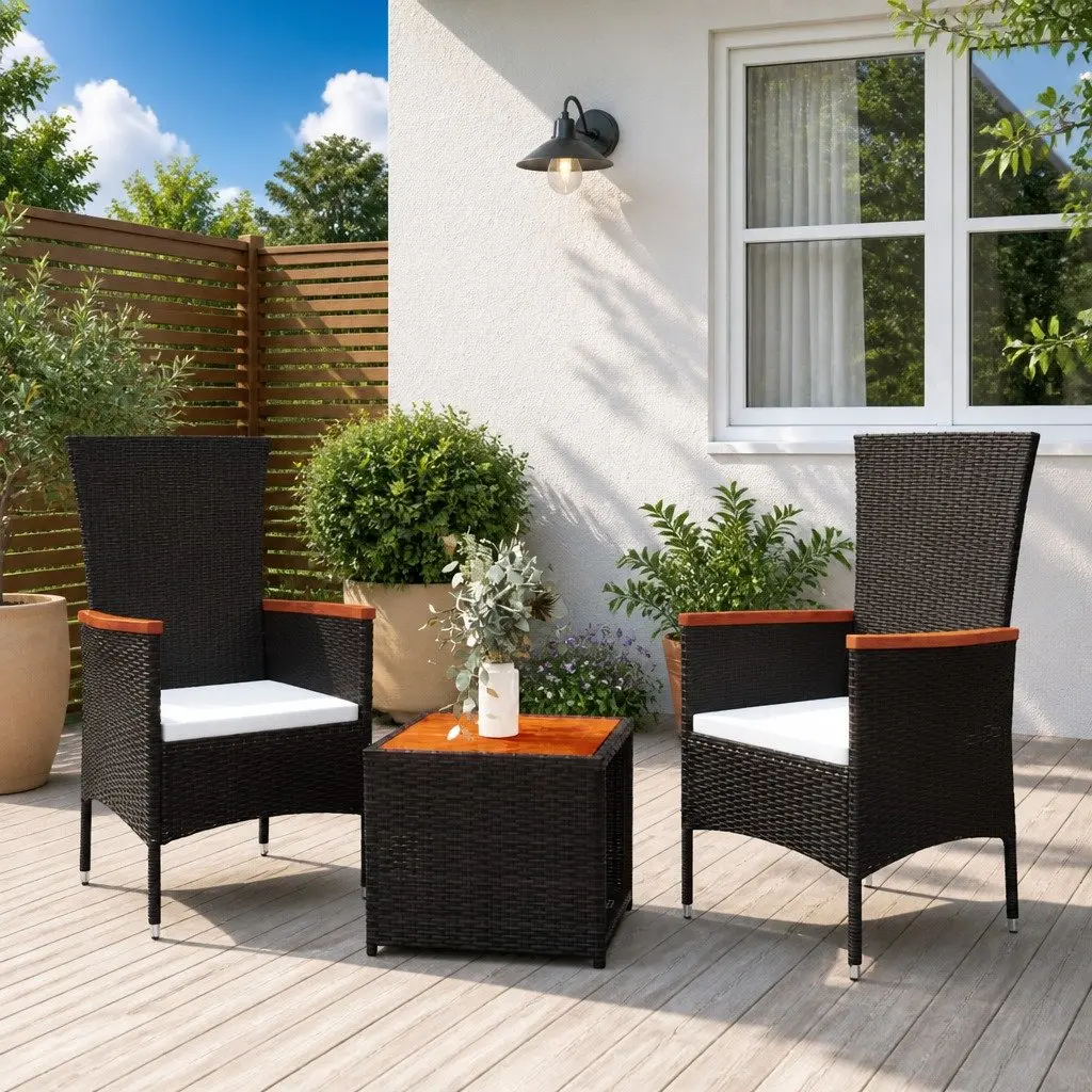 Black Garden Lounge Set 3 Piece with Cushions Outdoor Chairs and Table