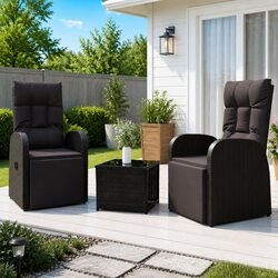 3 Piece Garden Lounge Set Black Outdoor Furniture Rattan Steel Chair Table