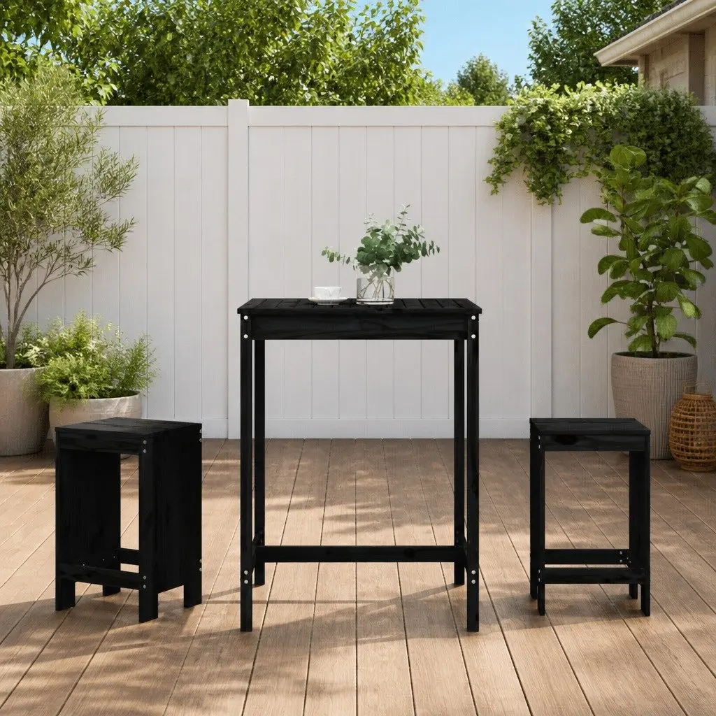 Garden Bar Set 3 Piece Black Solid Pine Wood Outdoor Patio Furniture