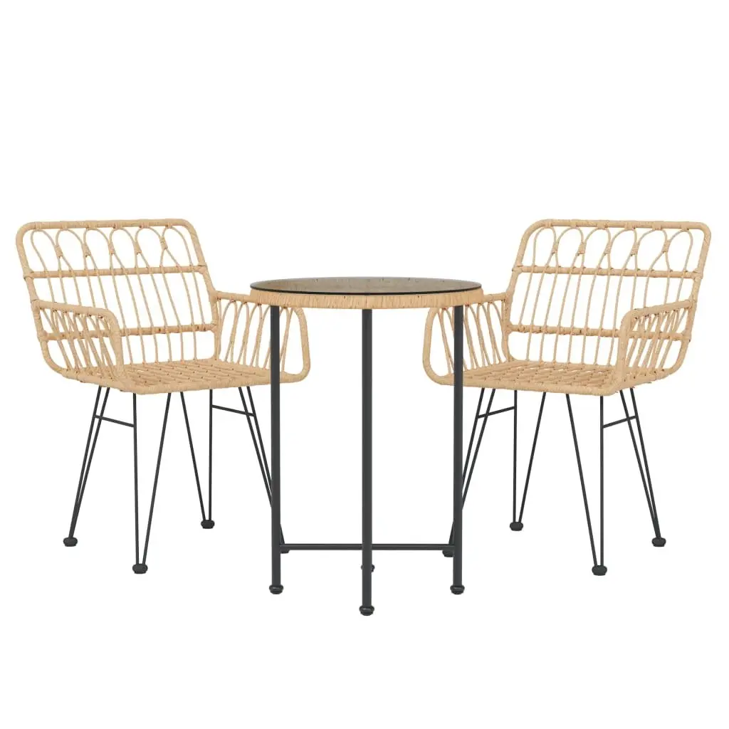 3 Piece Garden Dining Set Brown PE Rattan Weather Resistant Steel Frame Tempered Glass Top