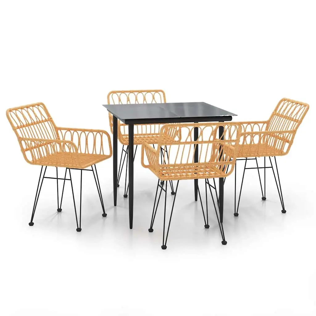 5 Piece Garden Dining Set Brown Poly Rattan Table and Chairs Weather Resistant Durable Steel Frame