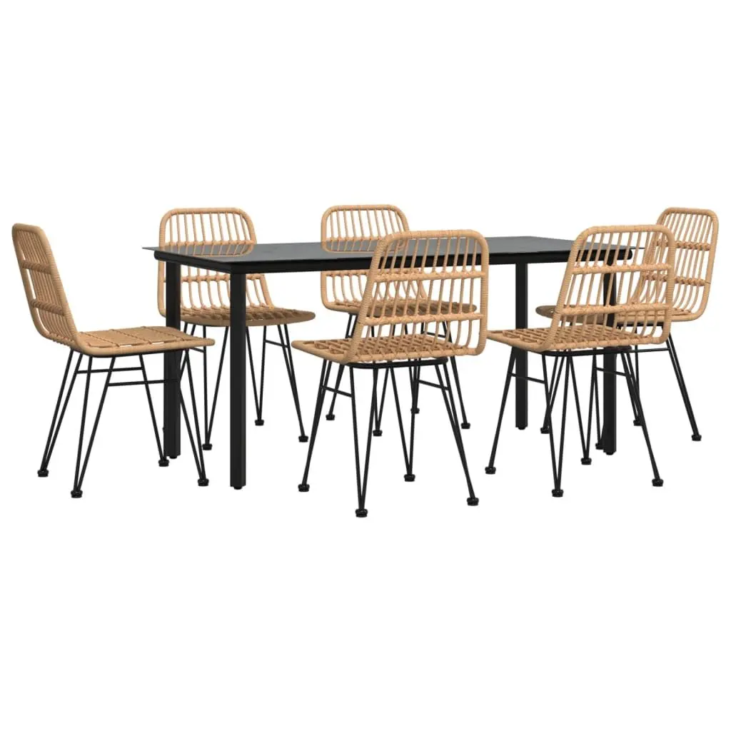 7 Piece Garden Dining Set Brown Poly Rattan Weather Resistant with Steel Frame and Tempered Glass Tabletop