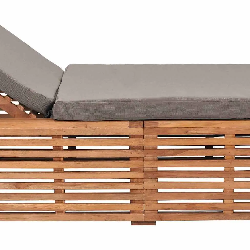 Teak Wood Outdoor Reclining Sun Lounger with Adjustable Backrest and Grey Cushion