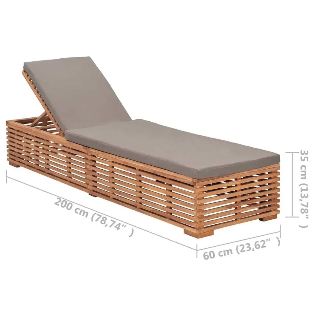 Teak Wood Outdoor Reclining Sun Lounger with Adjustable Backrest and Grey Cushion