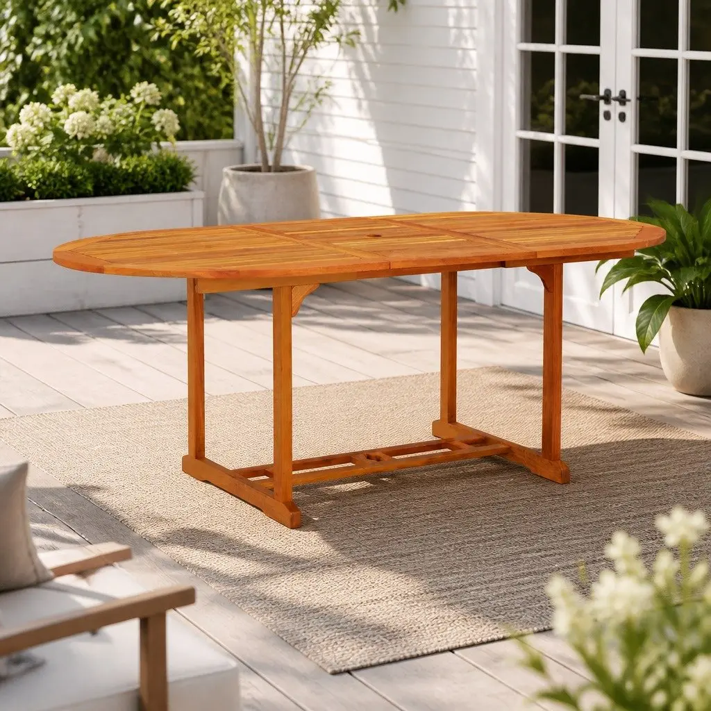 Extendable Garden Table Solid Eucalyptus Wood Outdoor Dining with Umbrella Hole Brown