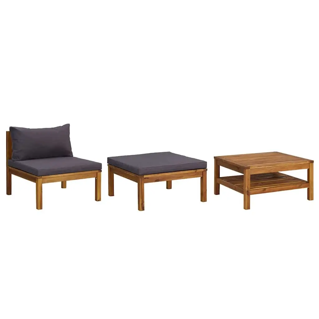Acacia Wood Lounge Set for Outdoor Use 3 Piece with Grey Cushions and Coffee Table