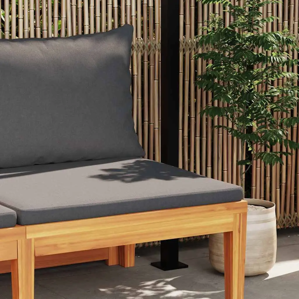 Acacia Wood Garden Bench with Grey Cushions and Attached Adjustable Table for Outdoor Seating