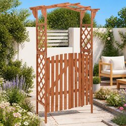 Garden Pergola with Gate 116x40x204cm Brown Wooden Arch Outdoor Entrance Passage