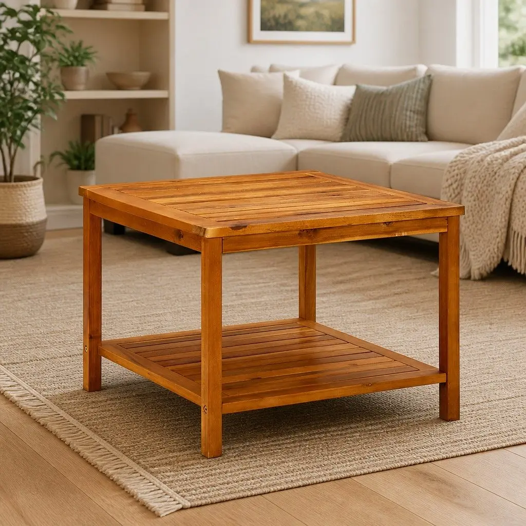 Coffee Table 60x60x45 cm Solid Acacia Wood Brown Slatted Top with Storage Shelf