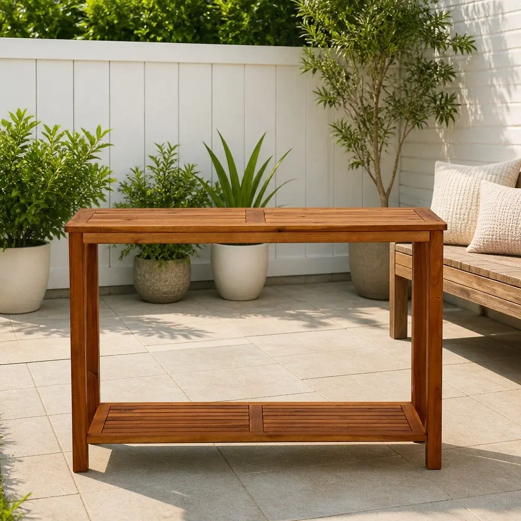 Garden Console Table 110x40x75 cm Solid Acacia Wood Outdoor Furniture with Bottom Shelf Storage