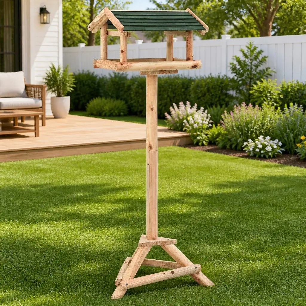 Wooden Bird Feeder Stand Solid Fir Wood Outdoor Feeding Station with Protective Roof