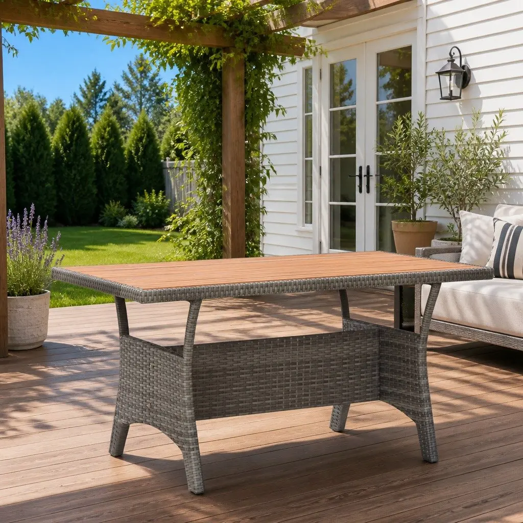 Garden Dining Table 120x70x66cm Grey Solid Acacia Wood Top Powder-Coated Steel Frame Weather Resistant PE Rattan Covering