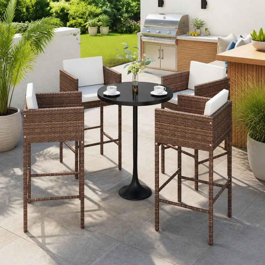 Outdoor Bar Stools Set 4 Pieces Brown Weather-resistant Poly Rattan with Cushions