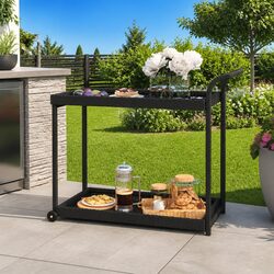Bar Cart Black Poly Rattan Kitchen Trolley with Wheels Storage Service Serving