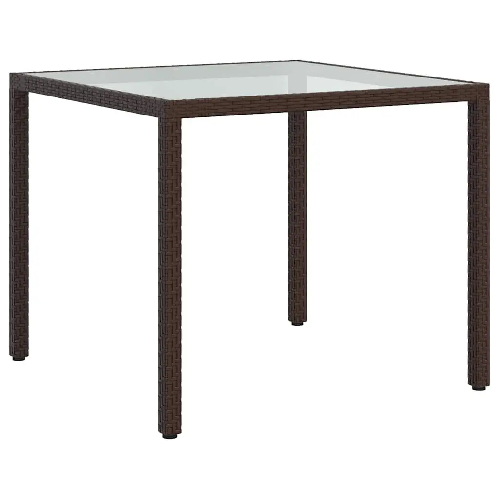 Garden Table 90x90x75cm Tempered Glass Top Poly Rattan Brown Outdoor Patio