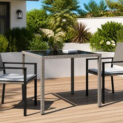 Outdoor Garden Table 90x90x75cm Tempered Glass Top Poly Rattan Grey Patio