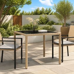 Outdoor Garden Table 90x90x75cm Tempered Glass Top Poly Rattan Patio Furniture