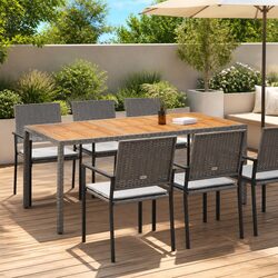 Garden Table 190x90x75cm Grey Outdoor Patio Poly Rattan Acacia Wood Furniture