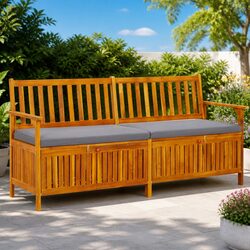 Outdoor Storage Bench 170cm Solid Wood Acacia Padded Seat Grey Garden
