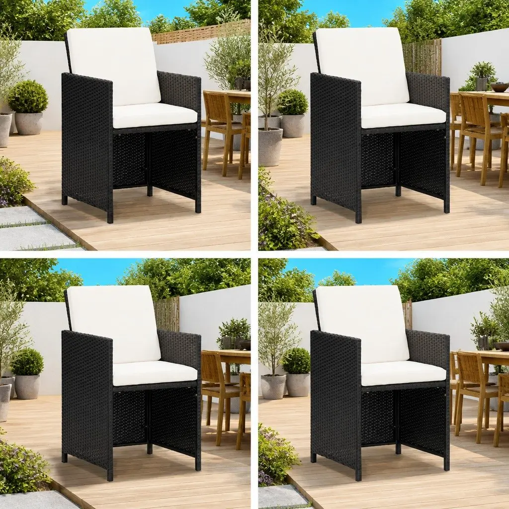 Outdoor Dining Chairs Set of 4 Weather Resistant Poly Rattan Black Garden Seating with Cushions