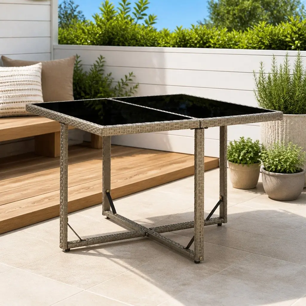 Garden Dining Table 109x107x74cm Grey Weather-resistant PE Rattan Tempered Glass Outdoor Furniture