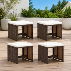 Outdoor Garden Stools Set 4 pcs with Seat Cushions Brown Rattan Patio Furniture