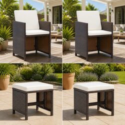 4 Piece Brown Outdoor Garden Chair Stool Set with Comfort Cushions